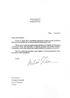 Blahopřejný dopis prezidenta ČR